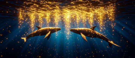 Naklejka premium Two majestic fish swim gracefully under shimmering golden light, surrounded by a vibrant underwater scene filled with glimmering particles.