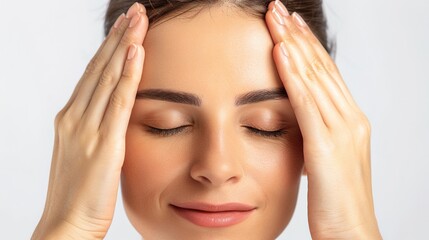 Obraz premium skin care. Beautiful woman touching healthy facial skin portrait. Beautiful smiling Asian girl model with natural makeup, close-up on blue background, touching glowing hydrated skin