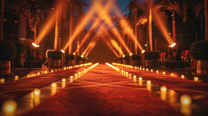 Red Carpet Glamour: A captivating view of a red carpet walkway illuminated by warm spotlights, creating a magical and exclusive atmosphere.  Perfect for event, awards, celebration, ceremony, luxury.