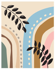 Modern exotic floral pattern background in boho art style. Fun doodle pattern background with abstract shapes and colors.