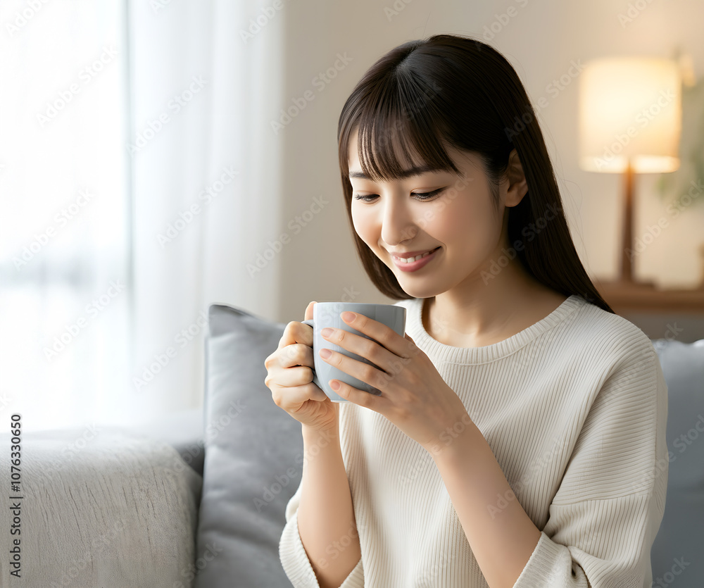 Wall mural 飲み物を飲み一息つく女性