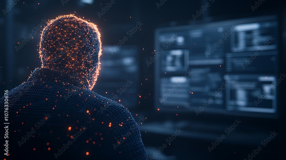 Leinwandbilder A person is seen from behind, their figure composed of particles, focusing on data displayed on multiple screens in a dimly lit environment.