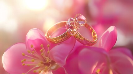 Two gold wedding bands with a diamond ring on top, resting on a pink flower blossom with a blurred background.
