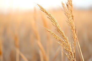 Obraz premium Golden wheat stalks shimmer in the sunlight, creating a serene and picturesque landscape in nature.