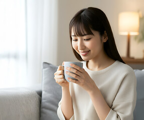 飲み物を飲み一息つく女性