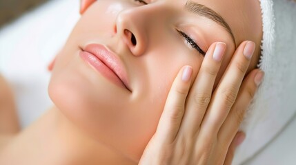 skin care. Beautiful woman touching healthy facial skin portrait. Beautiful smiling Asian girl model with natural makeup, close-up on blue background, touching glowing hydrated skin