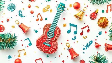 Festive holiday music elements showcase vibrant musical notes, instruments like a guitar and bells, against a white background.