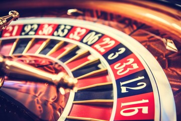 The roulette wheel spins slowly, colored numbers gleaming under dim lights, as players gather around, entranced by the thrill and possibility of winning big in the casino atmosphere.