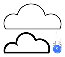 Two cloud outlines and stack of blue coins with dollar symbol and motion lines suggesting movement. Ideal for tech, finance, storage solutions, digital economy, cloud computing, investments