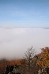 view of the inversion in the valley. only the tops of the hills are visible.