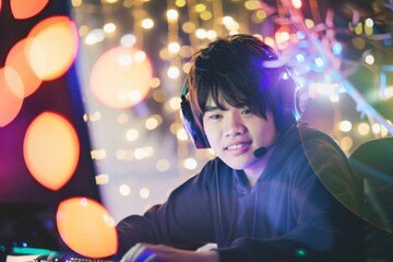 In a captivating home setup, a young Asian man passionately engages in online gaming, illuminated by colorful lights, showcasing the e-sport lifestyle.