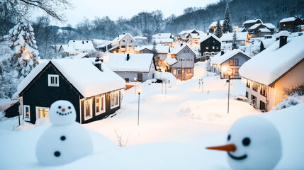 Snow-covered village scene with illuminated houses and smiling snowmen in the foreground during winter evening.