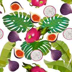 Leaves and fruits in a pattern.Palm leaves and tropical fruits in a seamless pattern.