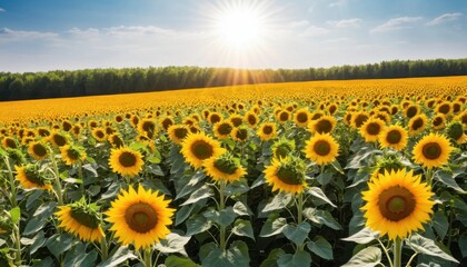 Obraz premium field of sunflowers facing the sun, bright and cheerful scene