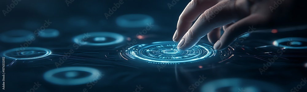 Poster A dramatic close-up of a hand interacting with a glowing digital interface, featuring intricate holographic patterns and circular elements.