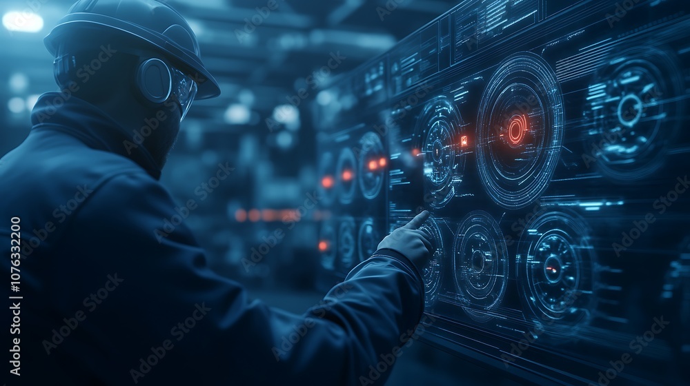 Poster a technician inspects a high-tech machine with glowing elements in a dimly lit industrial environmen