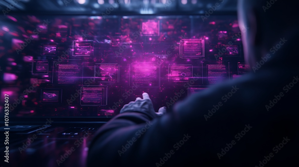 Poster a futuristic scene showing a person interacting with a vibrant, digital interface filled with glowin