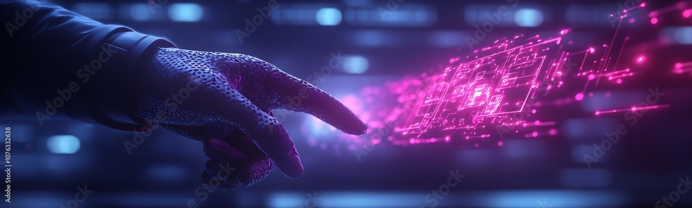 Poster A digital representation of a futuristic interaction where a human hand connects with a vibrant, glowing array of particles, symbolizing technology and innovation.