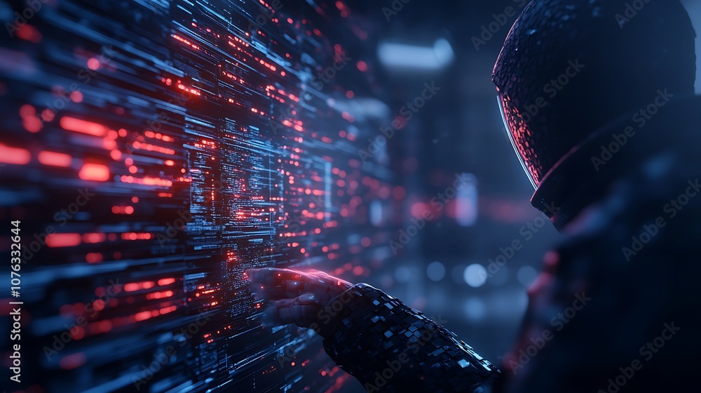 Poster A mysterious figure interacts with a glowing digital interface, surrounded by vibrant red and blue data streams in a dark, futuristic environment.