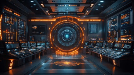Obraz premium Futuristic control room with glowing portal and advanced technology.