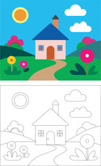 Simple Cottage Line Art with Color Guide for Coloring Book
