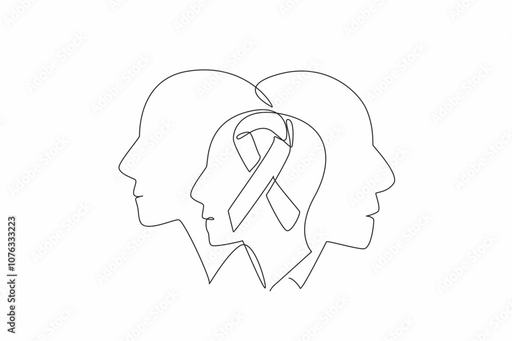 Poster single one line drawing three overlapping profiles, with a ribbon in the center. the shared empathy.