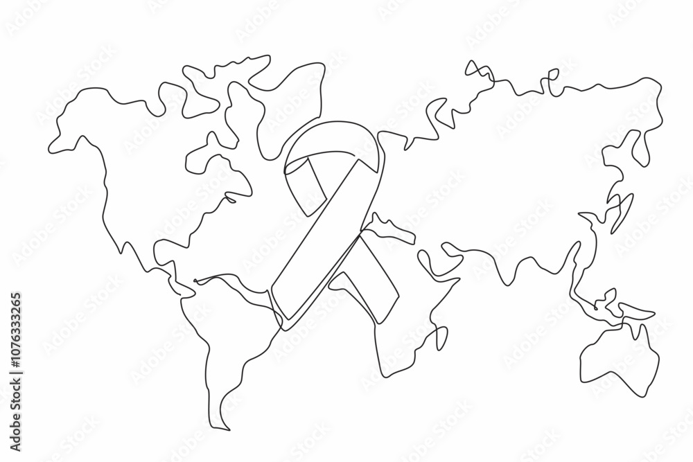 Poster single continuous line drawing large campaign ribbon on world map background. awareness and support 