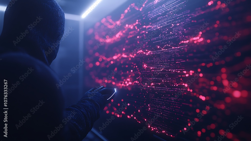 Poster A mysterious figure interacts with a glowing, abstract digital interface, illuminated by vibrant red lights in a dark, tech-inspired environment.