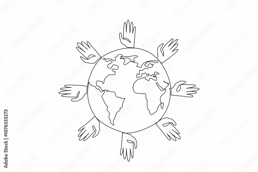 Poster continuous one line drawing a globe surrounded by hands of various colors. the global community comi