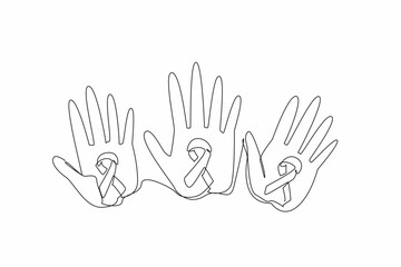 Single continuous line drawing three palms with campaign colors. The diverse perspectives. Experiences. Survivorship. Awareness. Support. Life. Rare Disease Day. One line design vector illustration