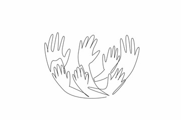 Obraz premium Continuous one line drawing seven curved hands in campaign colors. Symbolizing unity, hope, and collective effort. Support to survivor. Rare Disease Day. Single line draw design vector illustration