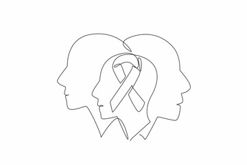 Single one line drawing three overlapping profiles, with a ribbon in the center. The shared empathy. Solidarity. Care. Awareness. Support. Rare Disease Day. Continuous line design graphic illustration