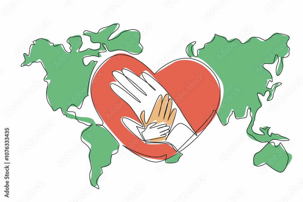 Aufkleber single continuous line drawing hands stacked in the middle of a heart shape on a world map backgroun