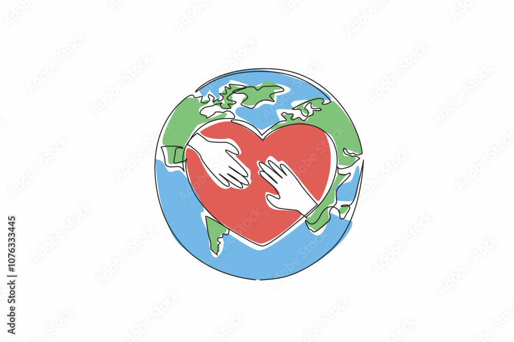 Poster single one line drawing heart with two palms in middle on a globe background. global unity. collabor