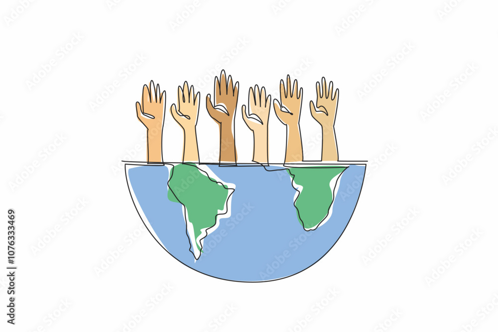Aufkleber continuous one line drawing hands reaching up from a half-globe. advocating for global issues and pr