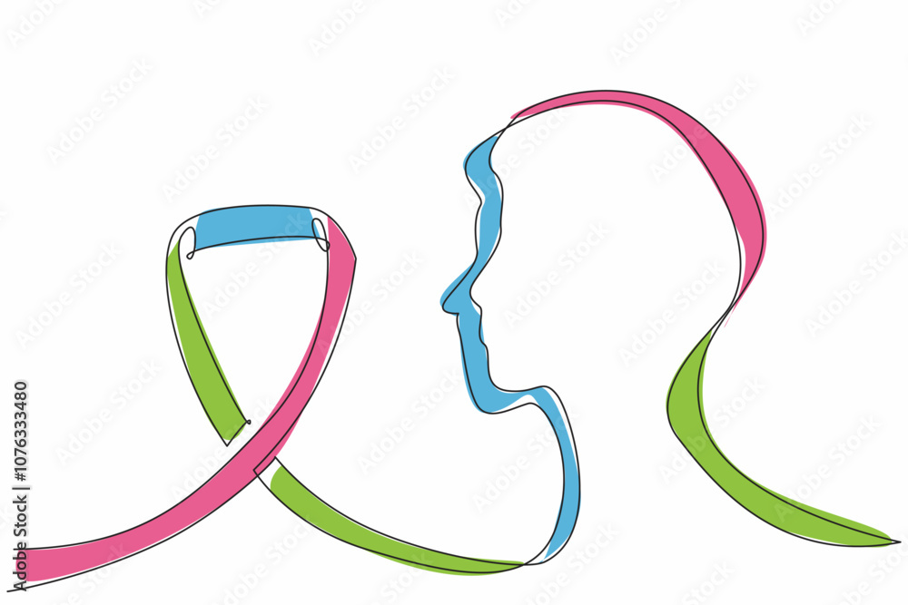 Poster continuous one line drawing a profile with ribbon flowing into it. connection between individuals an