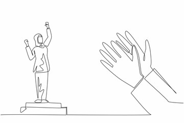 Single continuous line drawing Arabian woman stands on a podium. Victorious pose. The celebration of her accomplishment. Encouragement. Employee Appreciation Day. One line design vector illustration