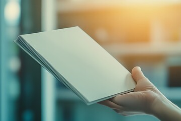 A hand holding a stack of blank sheets of paper, suggesting creativity or documentation.