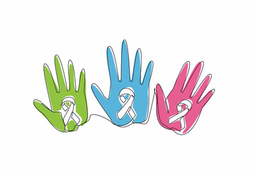 Single continuous line drawing three palms with campaign colors. The diverse perspectives. Experiences. Survivorship. Awareness. Support. Life. Rare Disease Day. One line design vector illustration