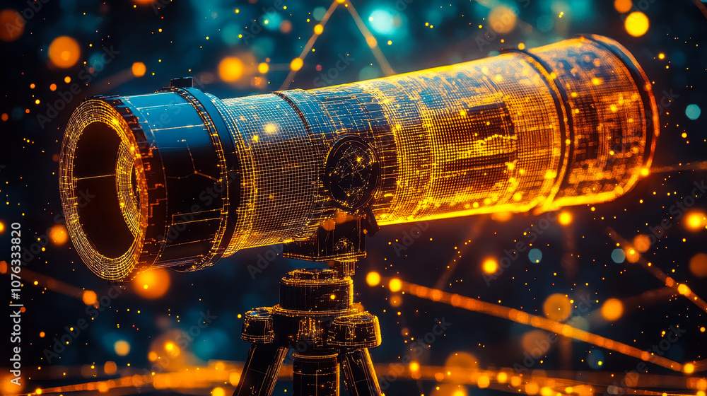 Poster digital telescope icon with glowing data streams for ai-powered astronomical observation