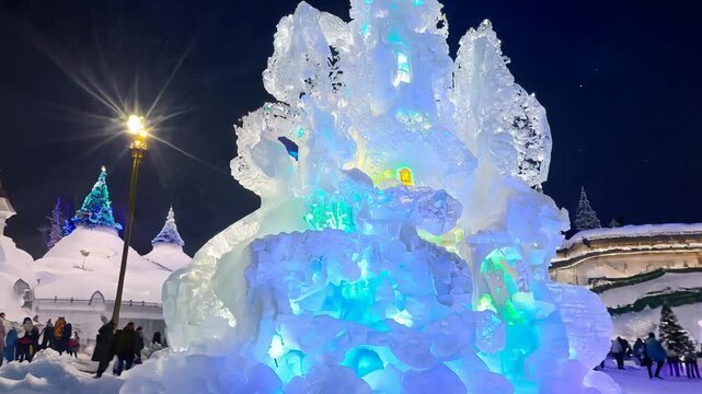Zooming in on a carved ice sculpture at the Harbin Ice Festival, spotlight illuminating intricate details of the frozen artwork