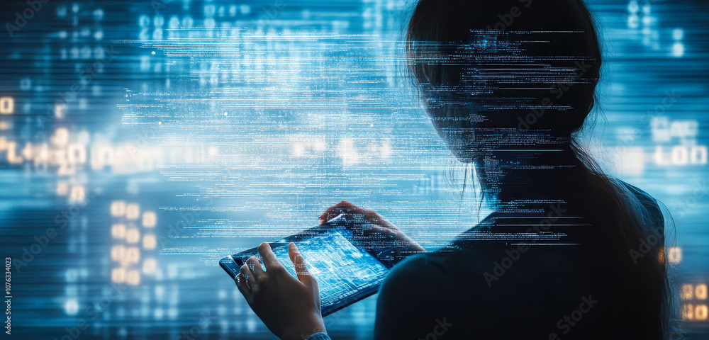 Poster cybersecurity professional analyzing data on digital tablet in big data and cloud network