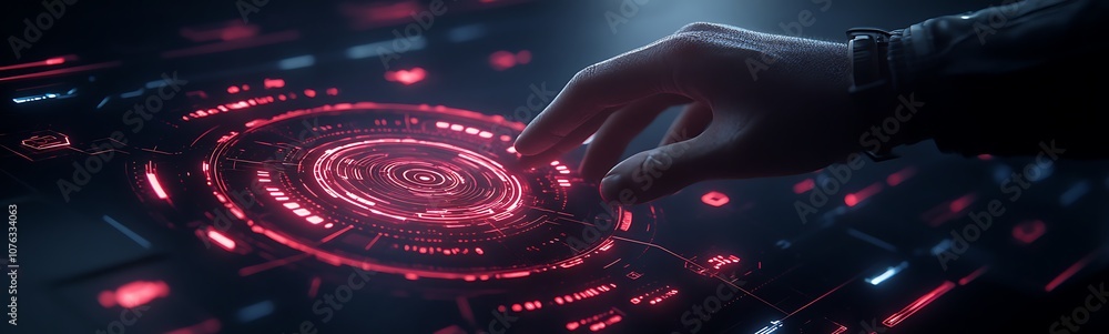 Poster a futuristic hand interacts with a glowing, red digital interface, representing advanced technology 