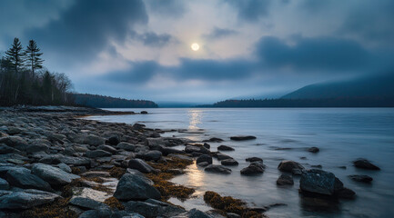 Bright Moon Over a Desolate Lake with Rocky Shores