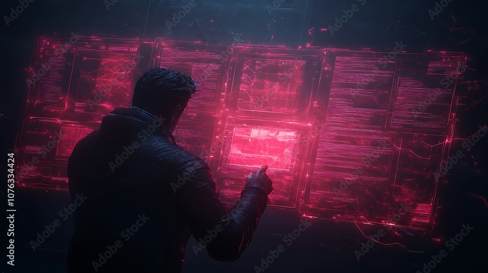 Poster A figure interacts with a glowing red interface, surrounded by a digital backdrop, suggesting a futuristic or technological theme.