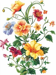 A stunning, isolated illustration features a vibrant array of uniquely arranged colorful flowers against a white background.