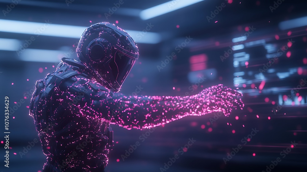 Aufkleber A futuristic figure composed of glowing particles interacts with a digital interface in a high-tech environment.