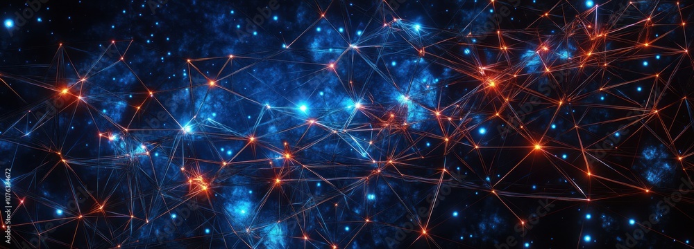 Poster abstract network of glowing lines and points against a dark blue background
