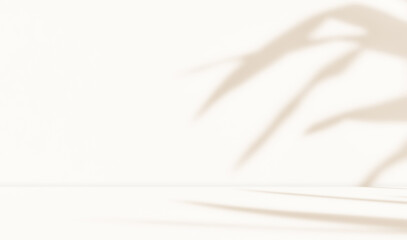 Empty cream brown beige room studio with shadow of leaves for product presentation. Autumn background. Summer tropical backdrop. Cosmetic showroom.	
