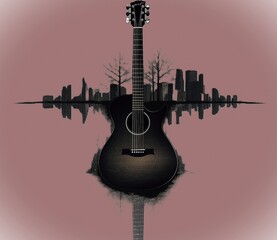 minimalistic illustration of guitar and city, in the shape of an audio wave, water reflection, simple vector art, purple background, 